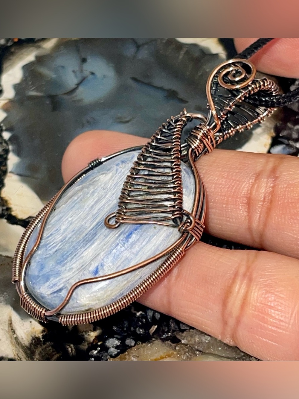 Copper Wire- wrapped Blue Silver Kyanite Pendant 2 1/2”